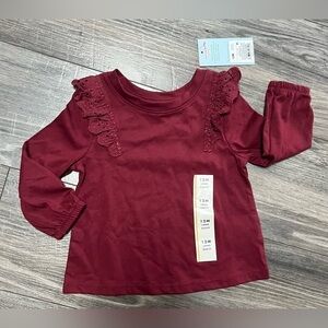 NWT Cat & Jack Infant 12M girls burgundy red long sleeve ruffled top shirt.